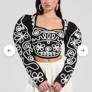 Black and White Embroidered Women's Top
